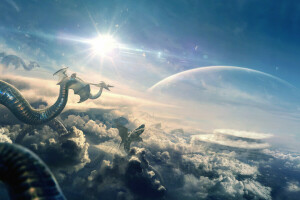 art, clouds, dragon, light, Planet, the sky, the sun