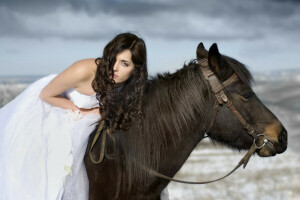 robe, fille, cheveux, cheval