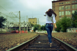 girl, railroad, the city