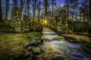 cascade, wolken, Park, zonsondergang, de zon, water