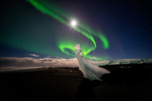 gelo, montanhas, Aurora boreal, sombra, A lua