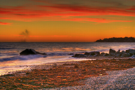 clouds, glow, sea, shore, stones, the sky