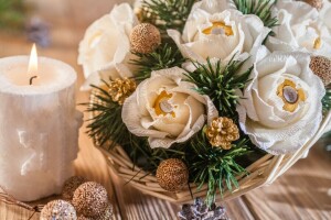 basket, bumps, candle, candy, composition, decor, spruce