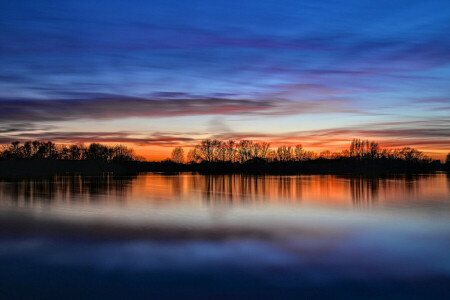 skyer, kyst, England, kveld, refleksjon, elv, shore, himmel