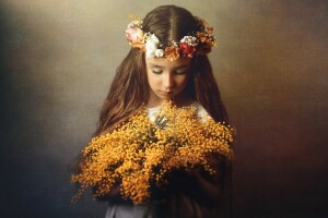 fleurs, fille, portrait