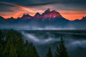 kék, felhők, köd, Grand Teton, hegyek, Nemzeti Park, Átnéz, folyó