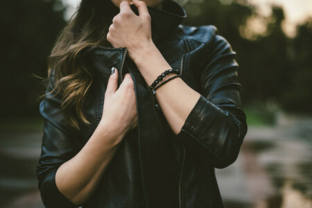 noir, bracelets, mains, veste, kozhanka