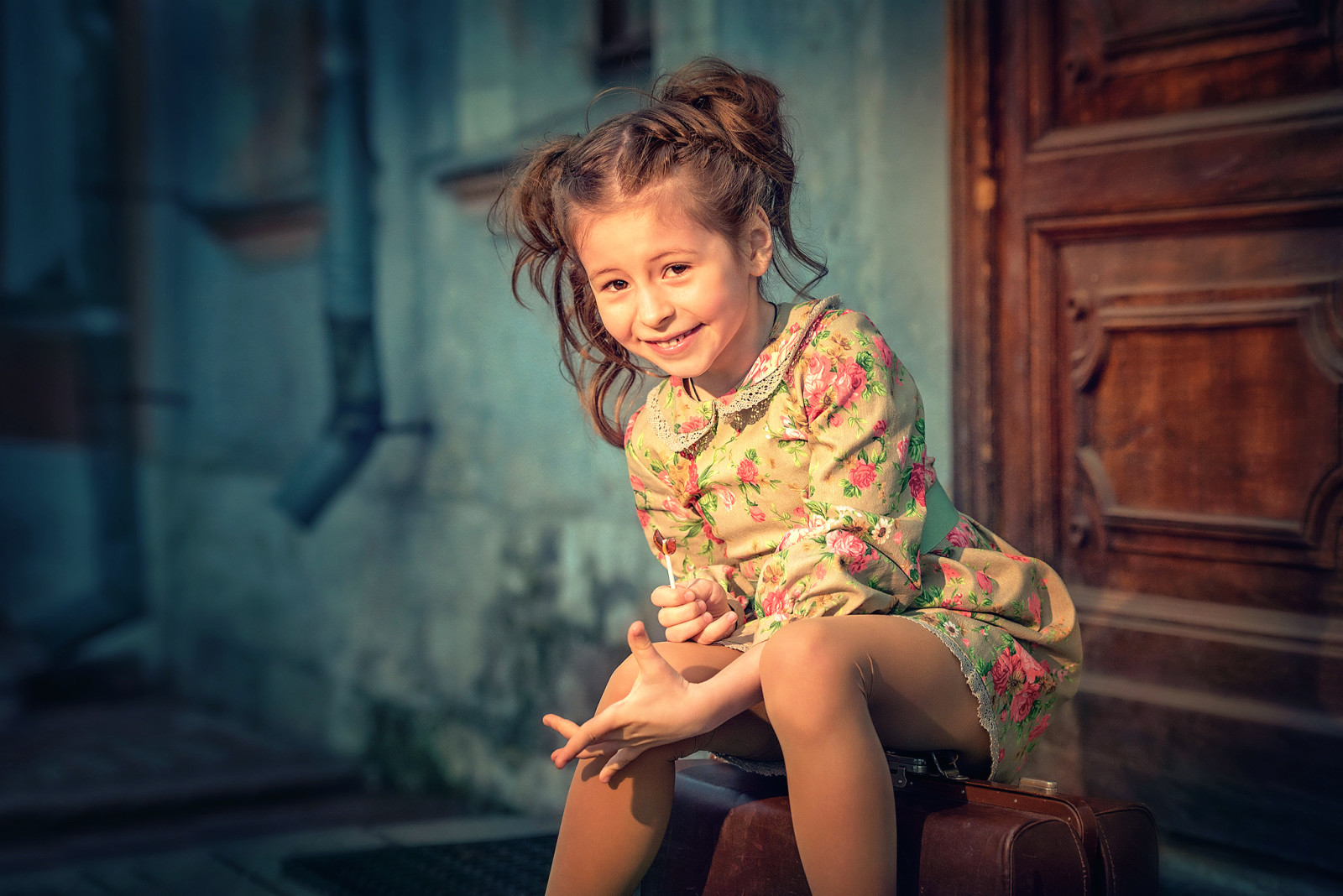 girl, dress, the door, suitcase