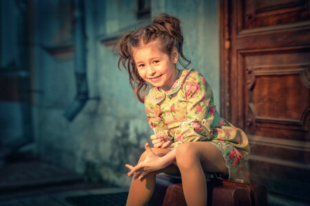 dress, girl, suitcase, the door