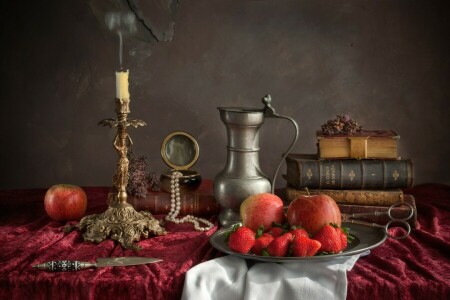 apples, books, candle, dishes, knife, necklace, scissors, Still life