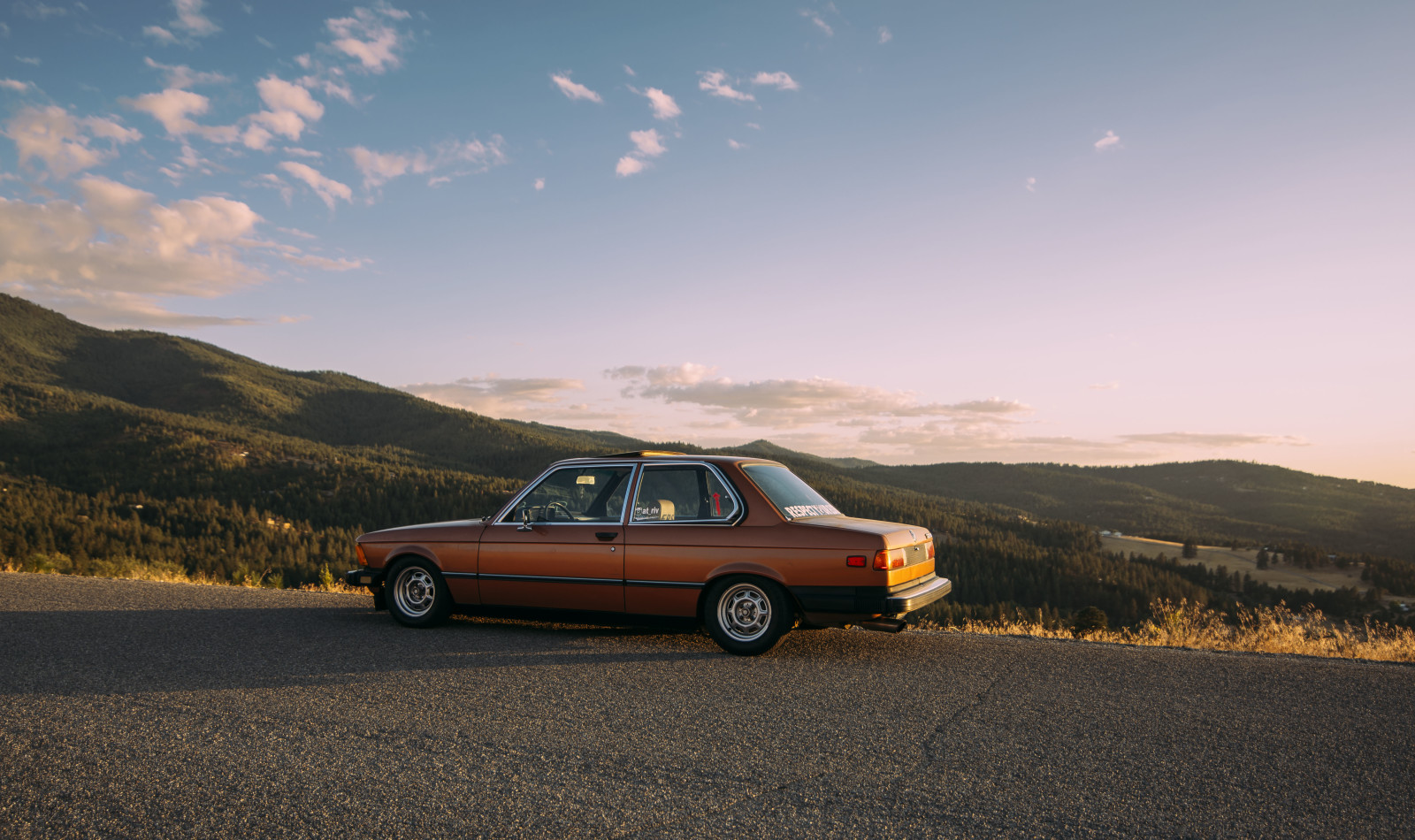 road, trees, clouds, mountains, shadow, valley, BMW, the sun