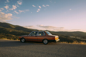 BMW, clouds, e21, mountains, road, shadow, the sun, trees