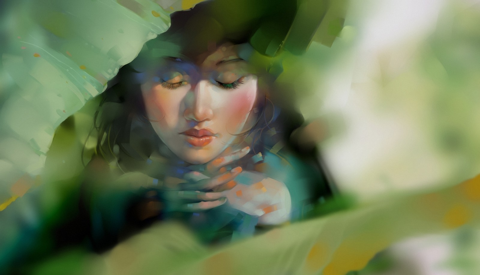 greens, art, leaves, drawn girl