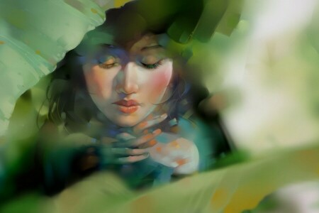 art, drawn girl, greens, leaves