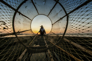 boat, fisherman, network, the sky