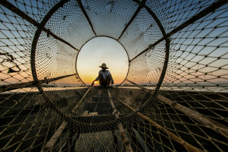 barco, pescador, rede, o céu