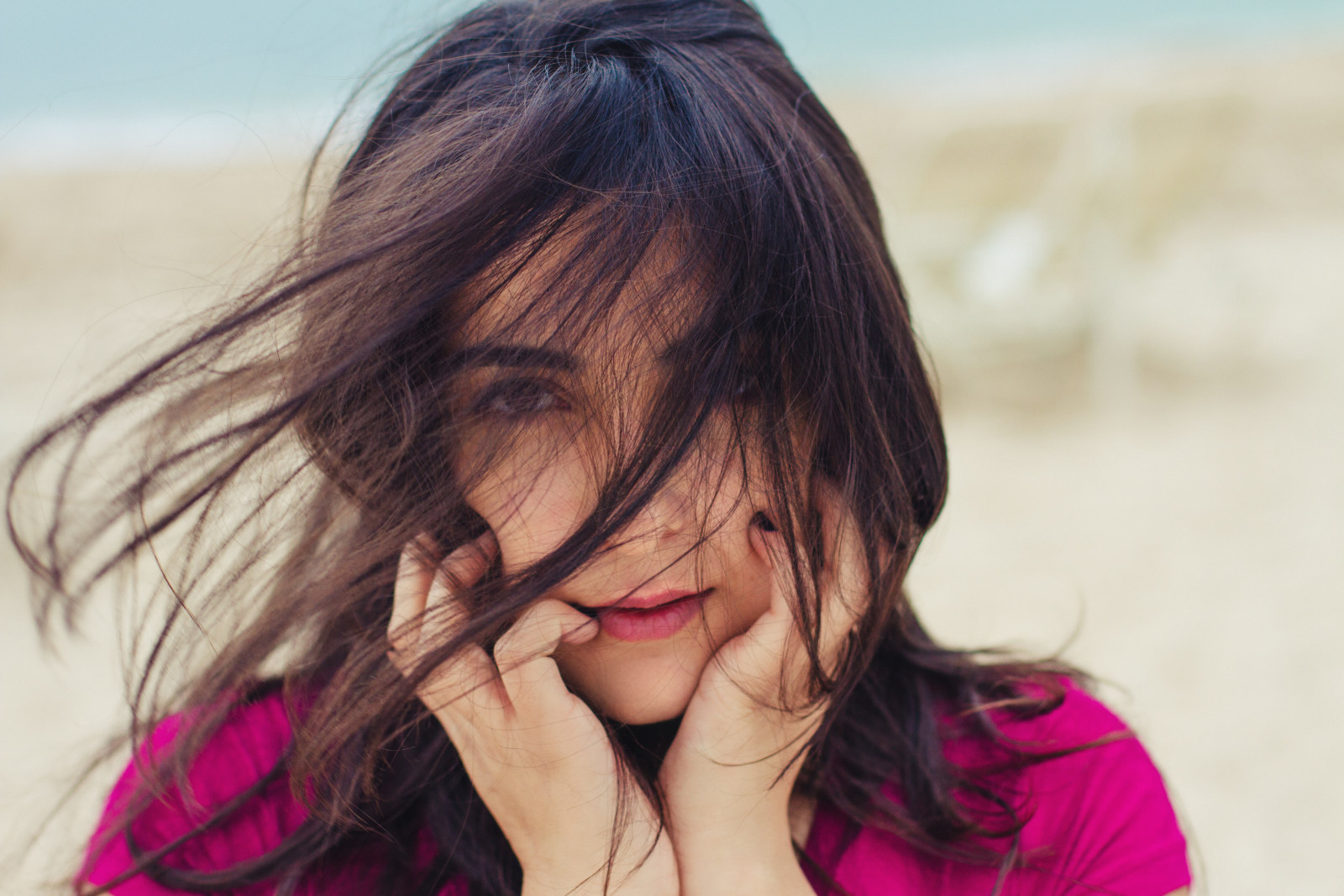 meisje, brunette, haar-, de wind