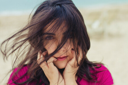 morena, niña, pelo, el viento