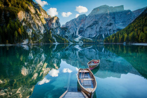 barcos, área coberta, lago, espelho, montanhas, reflexão