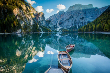 boats, deck, lake, mirror, mountains, reflection