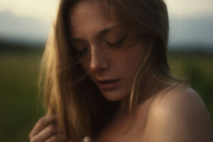 BEAUTY, bokeh, brown hair, clouds, face, feeling, freckles, girl