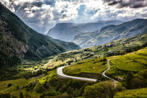 Alps, clouds, field, France, meadows, mountains, panorama, road