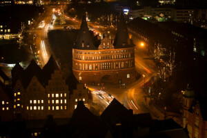 gate, Germany, home, lights, Lübeck, night, tower