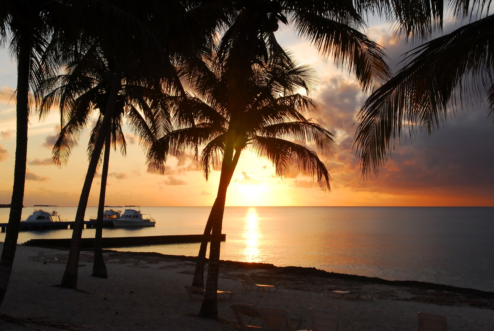 Sonnenuntergang, Ufer, Strand, Meer, Sand, Palmen, tropisch, Paradies