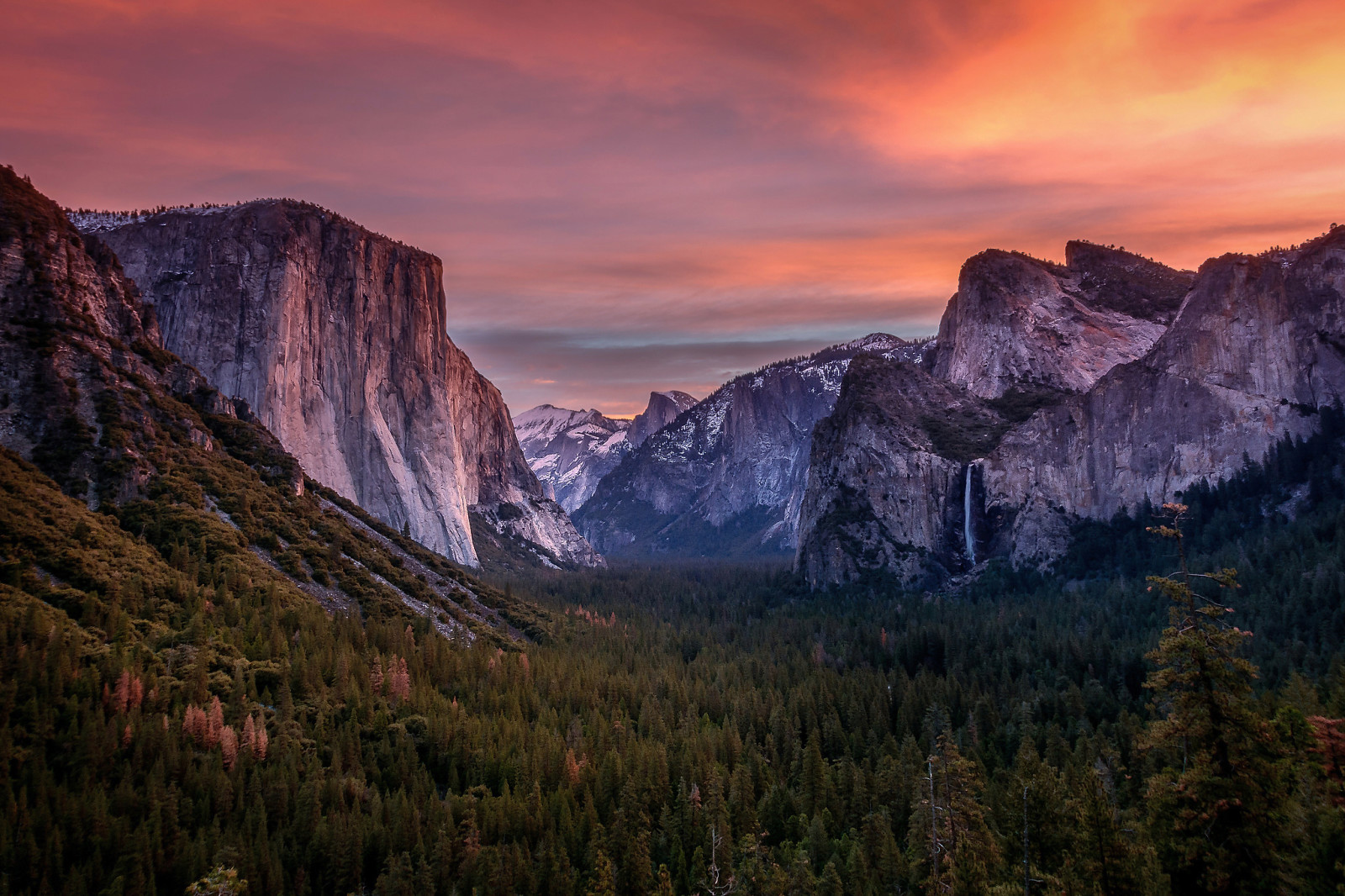 forest, the sky, the evening, sunset, trees, waterfall, clouds, mountains