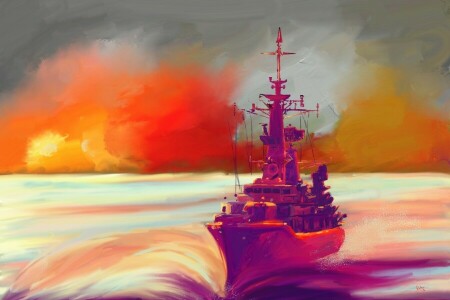 art, sea, ship, sunset