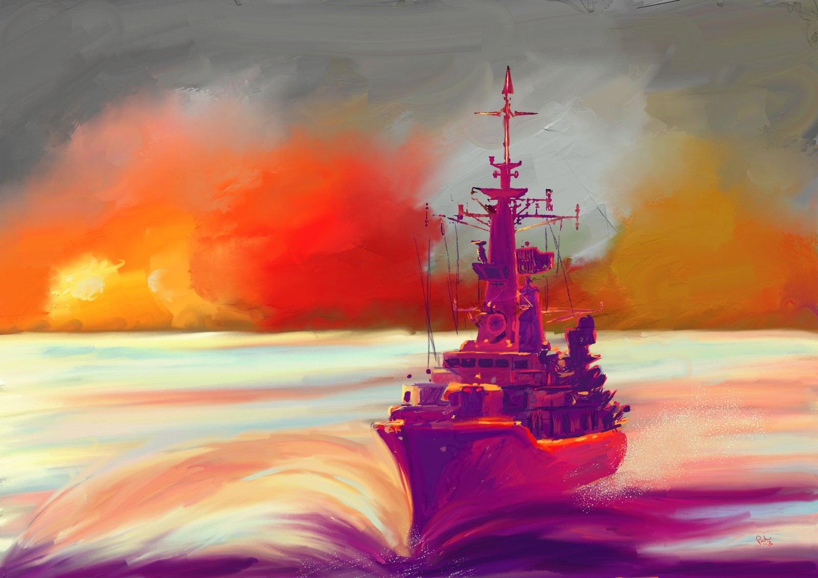 sunset, sea, art, ship