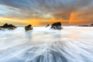 beach, clouds, rainbow, sea, stones