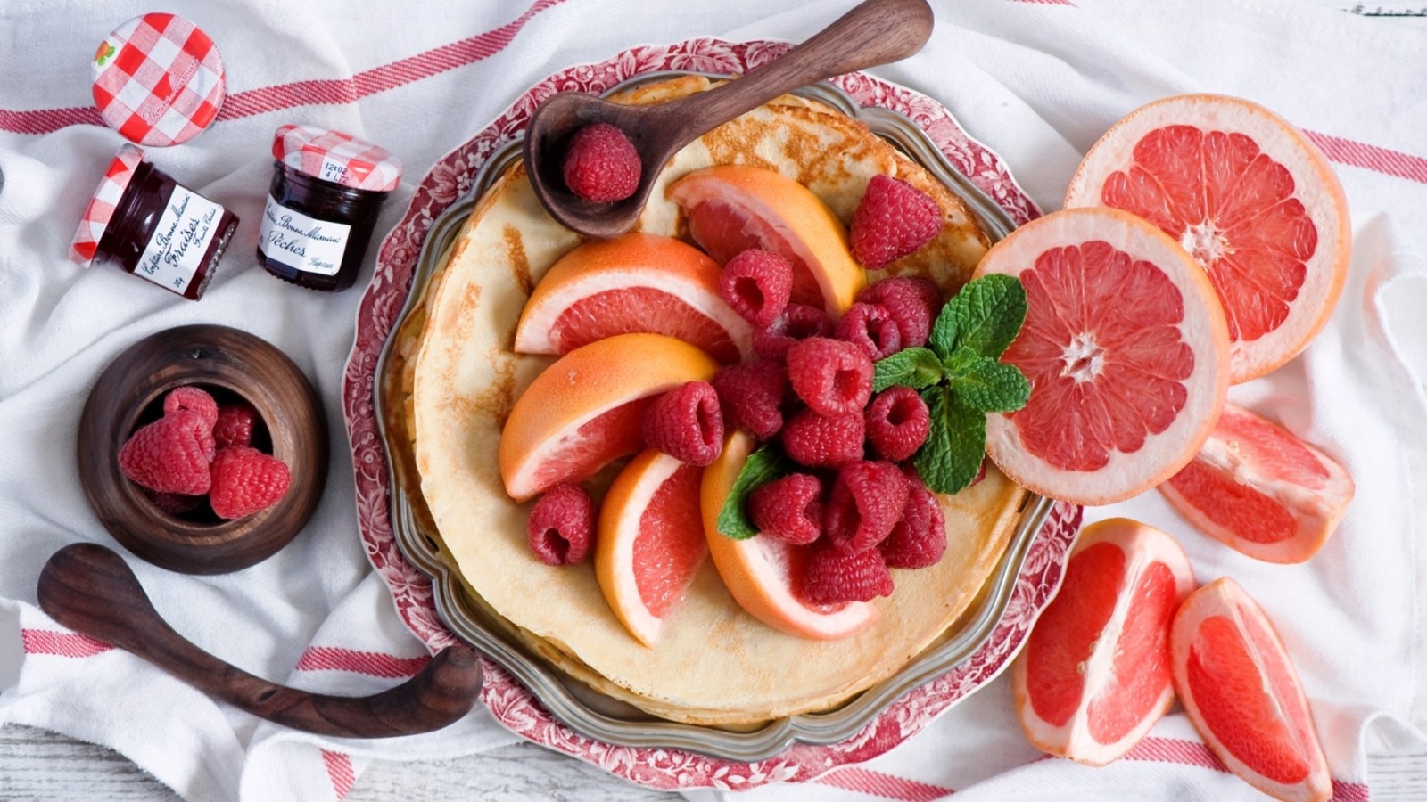 prima colazione, lampone, marmellata, Pancakes, pompelmo, carnevale