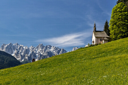 Alpes, Igreja, Relva, montanhas, declive