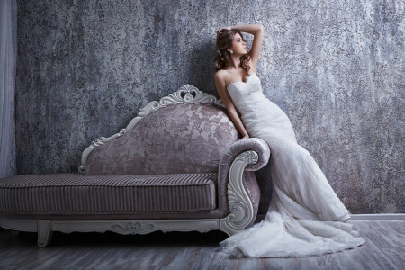 dress, pose, sofa, style, the bride, wedding dress