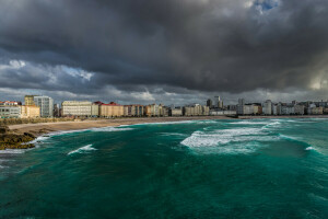 strand, wolken, zee, de stad