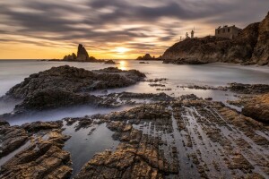 nuvens, costa, horizonte, casa, Farol, pedras, rochoso, mar