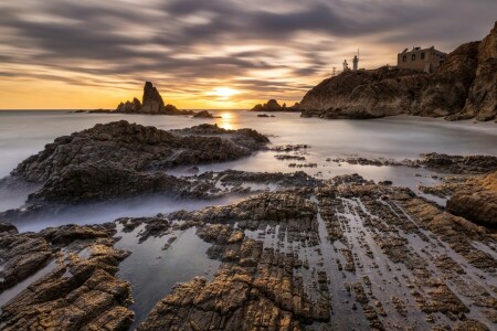 clouds, coast, horizon, house, Lighthouse, rocks, rocky, sea