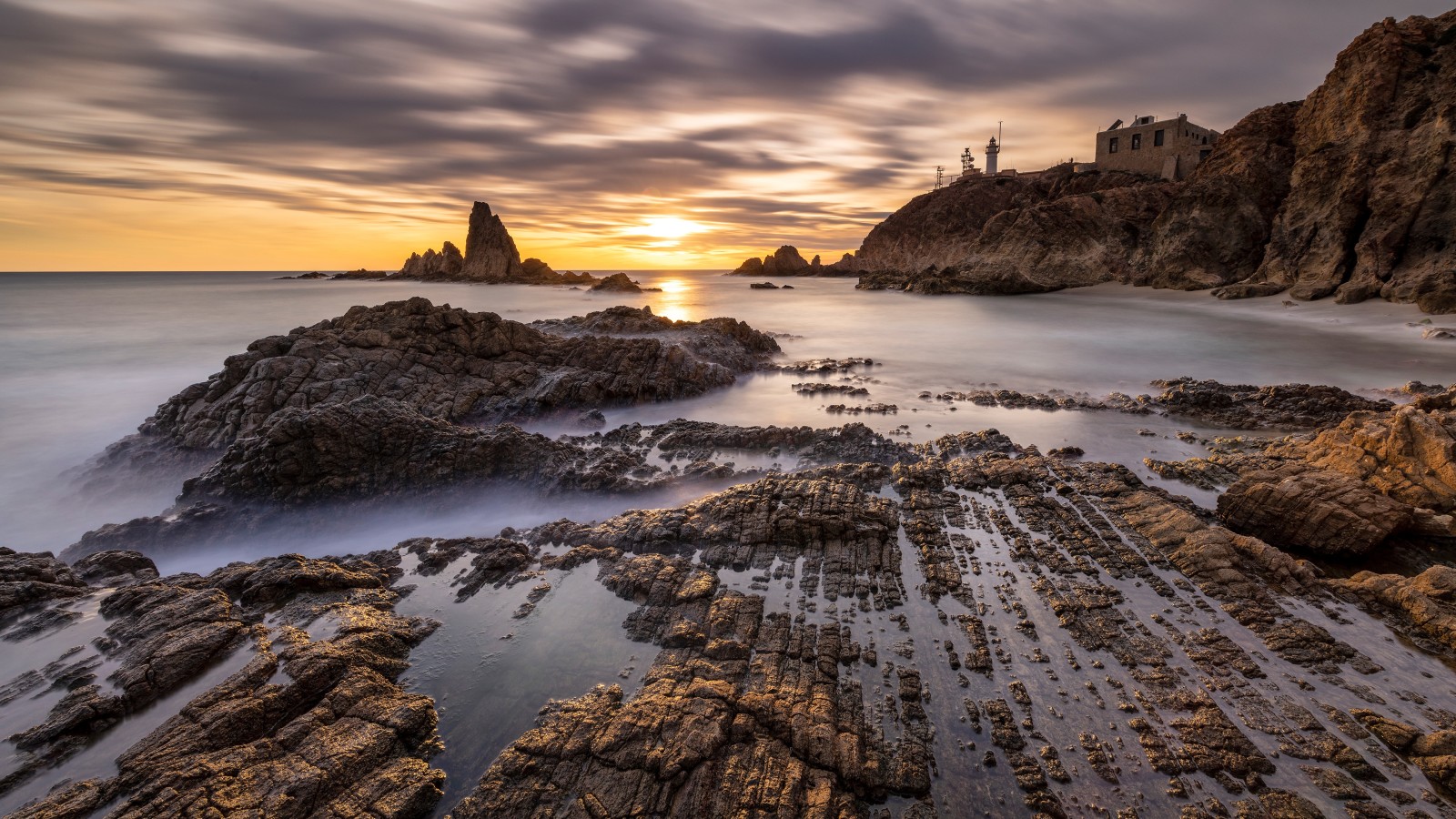 el cielo, casa, puesta de sol, apuntalar, piedras, mar, nubes, Faro