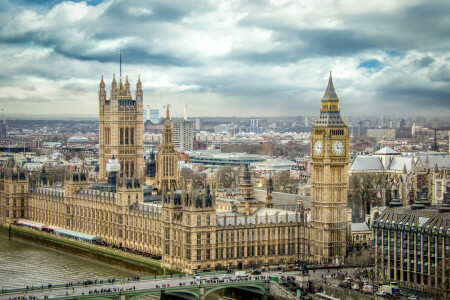 Big Ben, Brug, Londen, panorama, parlement, mensen, toren