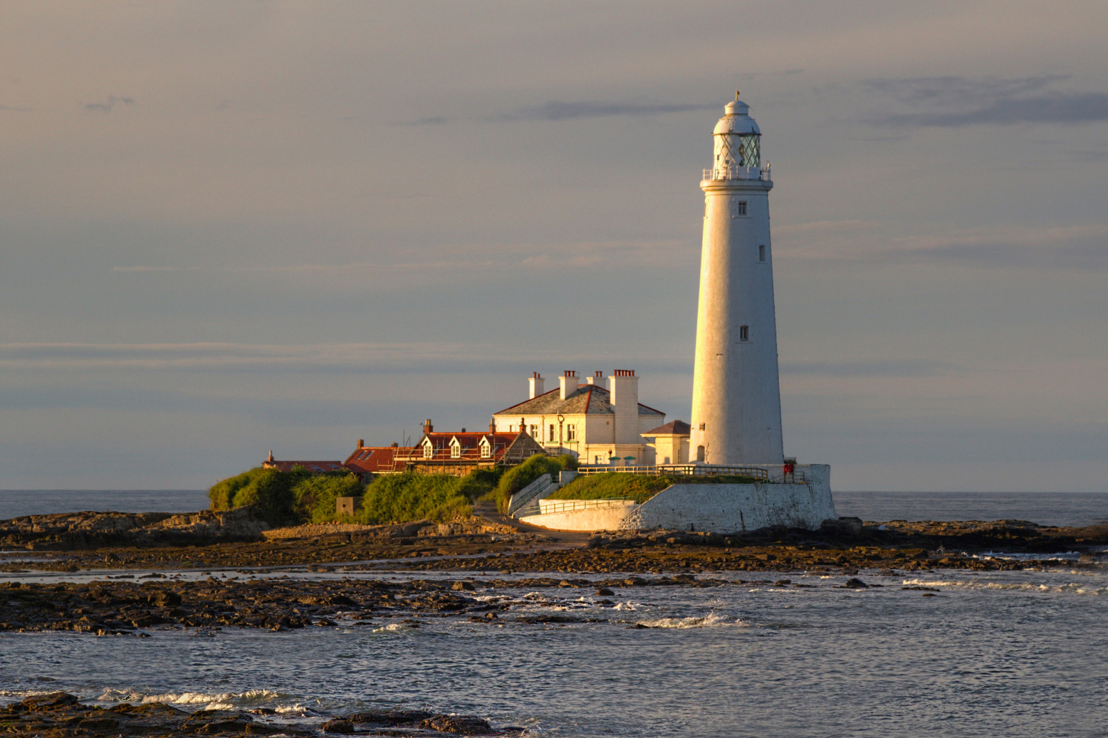 the sky, house, sea, clouds, Lighthouse, dawn