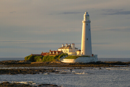 des nuages, Aube, maison, Phare, mer, Le ciel