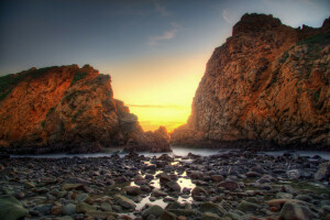 de praia, alvorecer, natureza, pedras, areia, pedras, O oceano