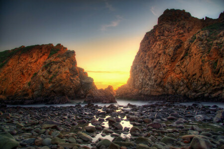 Strand, soloppgang, natur, bergarter, sand, steiner, Havet