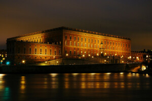 lumières, nuit, promenade, Palais Royal, Stockholm, Suède