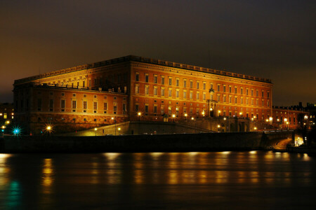 lumières, nuit, promenade, Palais Royal, Stockholm, Suède