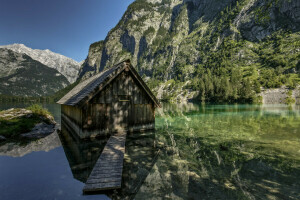 Bayern, Niemcy, dom, jezioro Königssee, góry, drzewa