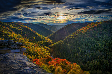 clouds, forest, mountains, Rays, river, rocks, stones, sunset