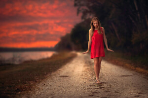 dress, gait, girl, road, sunset, sweetheart, the beauty