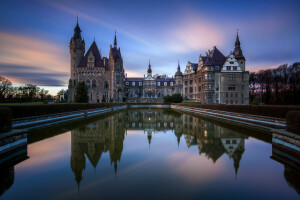 замок, рассвет, Moszna, Фото, Польша, пруд, заход солнца, город